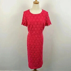 Talbots LaRosa Lace Size 8P Dress Short Sleeve Coral Pink Floral Lace Crochet